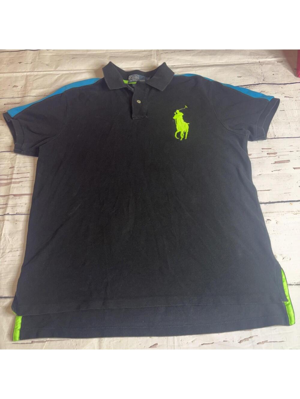 Vintage Polo Ralph Lauren Shirt Mens L Black Neon Big Pony Custom Fit Preppy (A5